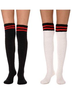 Girls Womens Over Knee High Fuzzy Socks Stockings Fluffy Soft Warm Cozy Cute Long Winter Christmas Socks 2 Pairs