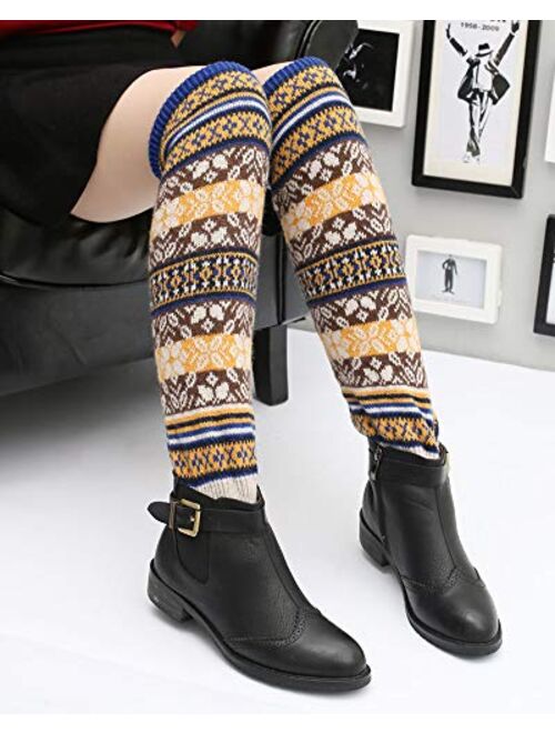 Santwo Women Knee High Socks Winter Bohemian Boot Cuffs Knit Crochet Leg Warmers