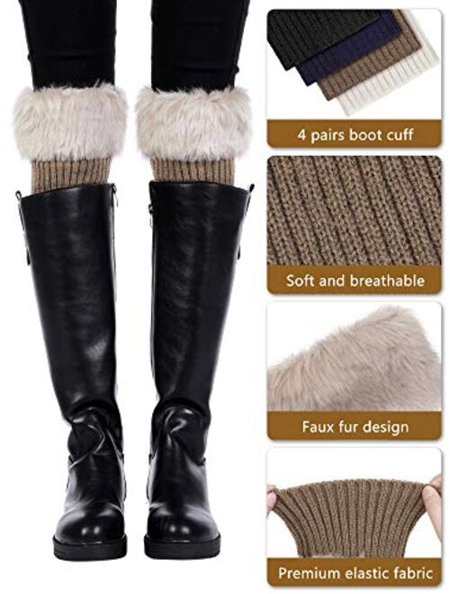 Pangda 4 Pairs Women Faux Fur Boot Cuff Short Furry Leg Warmers Girls Winter Socks Knitted Boot Socks, 4 Colors