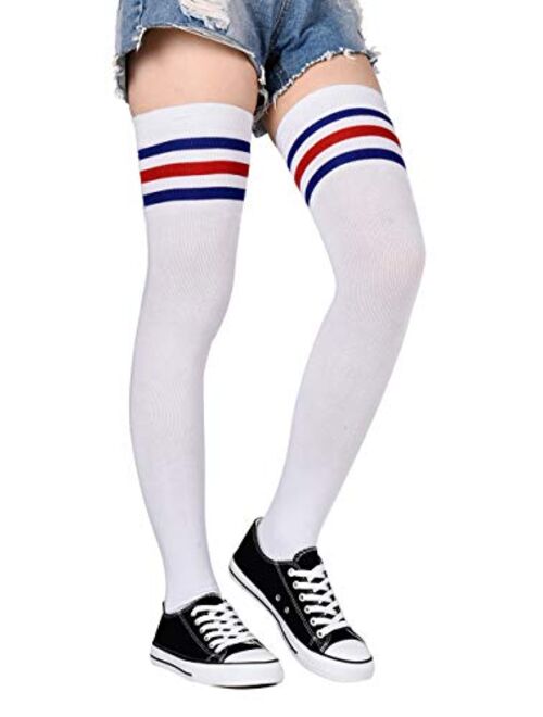 Leotruny Womens Thigh High Socks Extra Long Cotton Triple Stripes 
