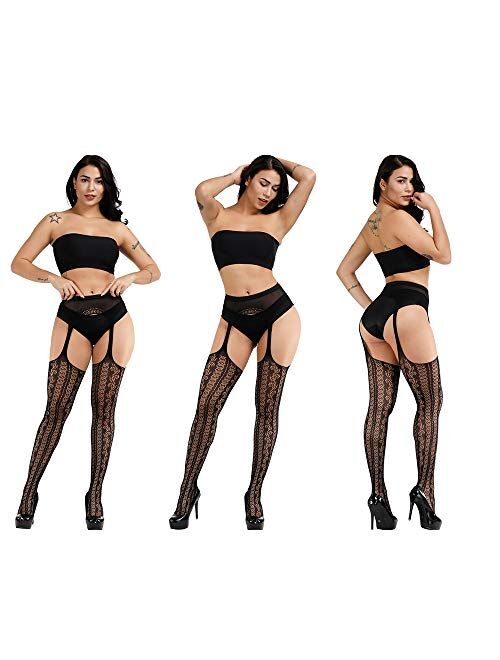 4 Pairs Thigh-High Stockings Suspender Stockings Fishnet Tights High Waist Tights for Women Girls (Black)