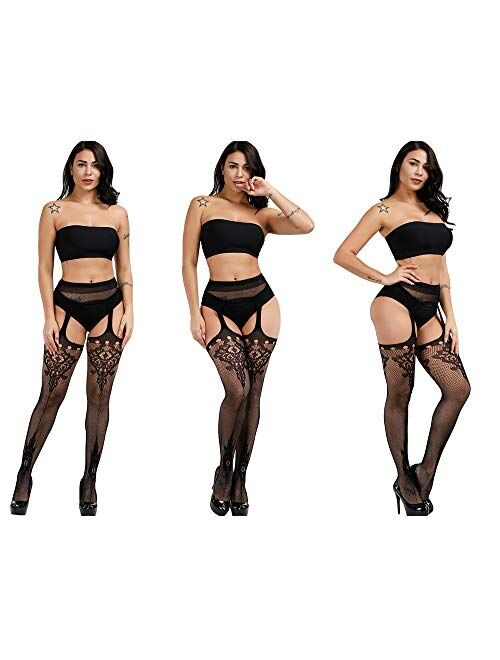 4 Pairs Thigh-High Stockings Suspender Stockings Fishnet Tights High Waist Tights for Women Girls (Black)