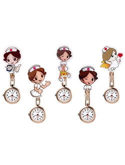 1-5 Pack Nurse Watch with Second Hand for Women Clip-on Lapel Hanging Fob Watch Cute Cartoon Rosegold Doctor Hosptial Tunic Stethoscope Quartz Pocket Watch