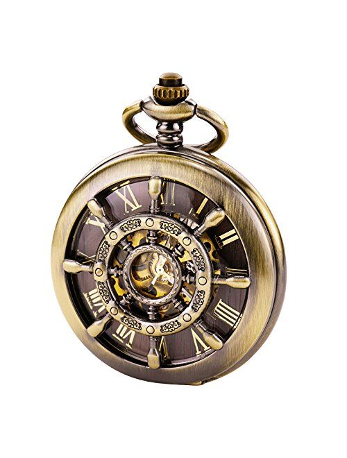 TREEWETO Bronze Double Cover Roman Numerals Dial Skeleton Mens Women Pocket Watch
