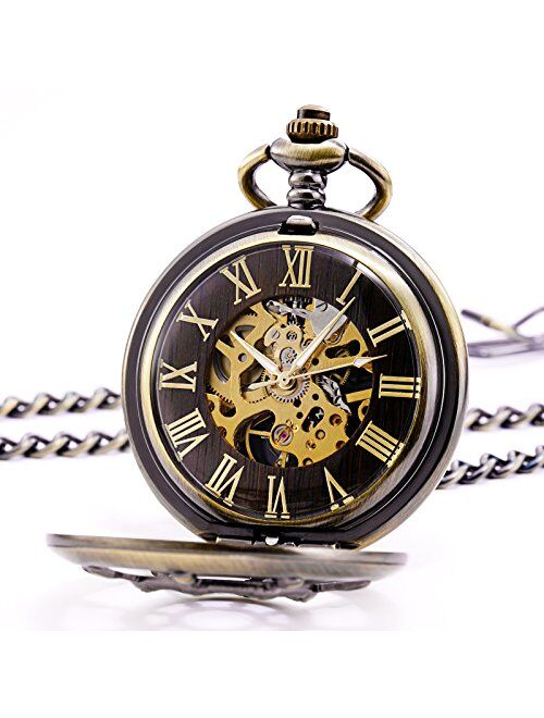 TREEWETO Bronze Double Cover Roman Numerals Dial Skeleton Mens Women Pocket Watch