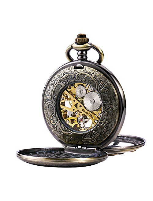 TREEWETO Bronze Double Cover Roman Numerals Dial Skeleton Mens Women Pocket Watch