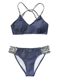 Womens Bamboo Leaves Print Bikini Crisscross Padded Swimsuit