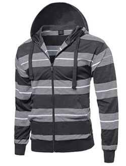 SBW Men's Basic Casual Stripe Zip Up Side Pocket Hoodie Jacket