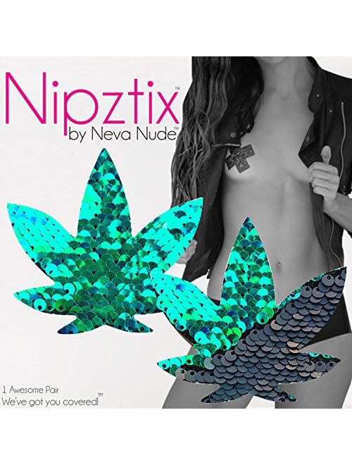 Neva Nude Dope AF Weed Leaf Nipztix Pasties Nipple Covers, Medical Grade Adhesive, Waterproof, Made in USA