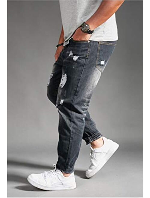 chouyatou Men's Casual Distressed Style Tapered Leg Harem Jogger Jeans Denim Pants