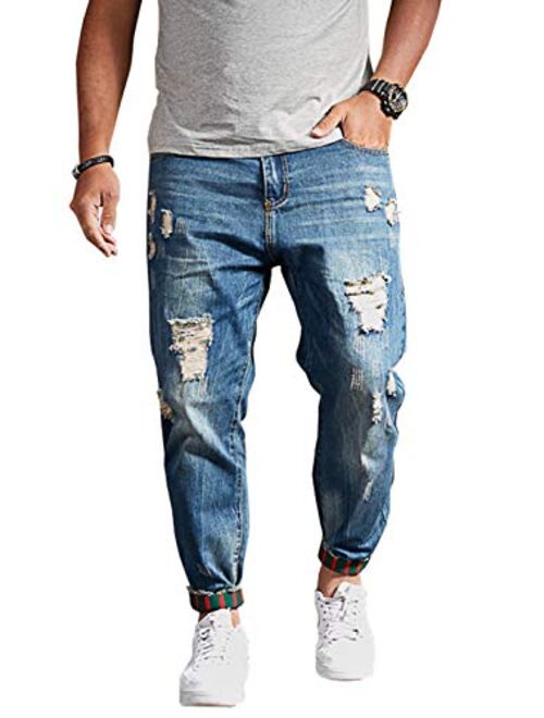 chouyatou Men's Casual Distressed Style Tapered Leg Harem Jogger Jeans Denim Pants