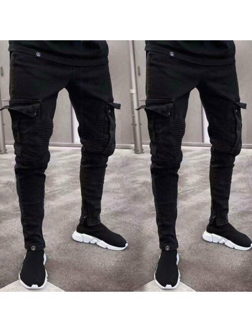 Mens Slim Fit Urban Straight Leg Trousers Casual Pencil Jogger Cargo Pants Jeans