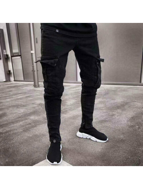 Mens Slim Fit Urban Straight Leg Trousers Casual Pencil Jogger Cargo Pants Jeans
