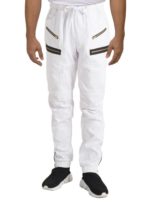 Vibes Men's White Twill Moto Zipper Cargo Pocket Zipper Leg Open Jogger Pants