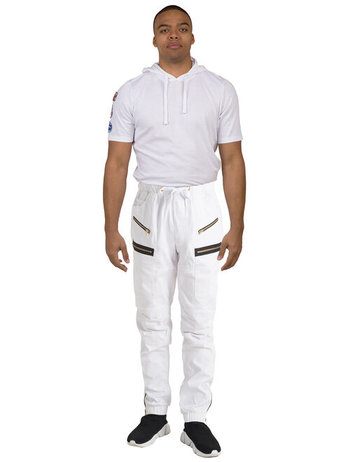 Vibes Men's White Twill Moto Zipper Cargo Pocket Zipper Leg Open Jogger Pants