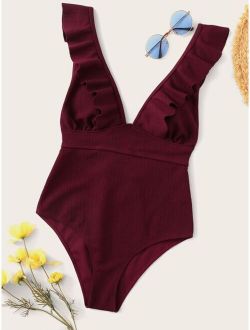 Ruffle Trim Lace Up One Piece Swimsuit