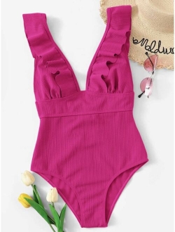 Ruffle Trim Lace Up One Piece Swimsuit