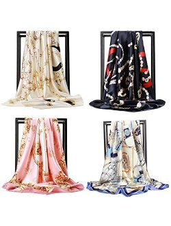 NUWEERIR 4pc Mixed Womens Large Square Scarf Set Silk Feeling Satin Hair Wrapping 35x35 inches