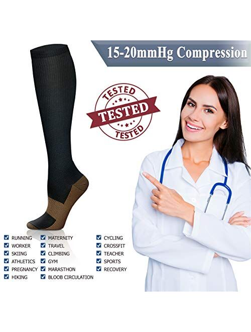 QUXIANG Copper Compression Socks (8 Pairs) for Women & Men- Best for Running, Athletic, Pregnancy and Travel - 15-20mmHg