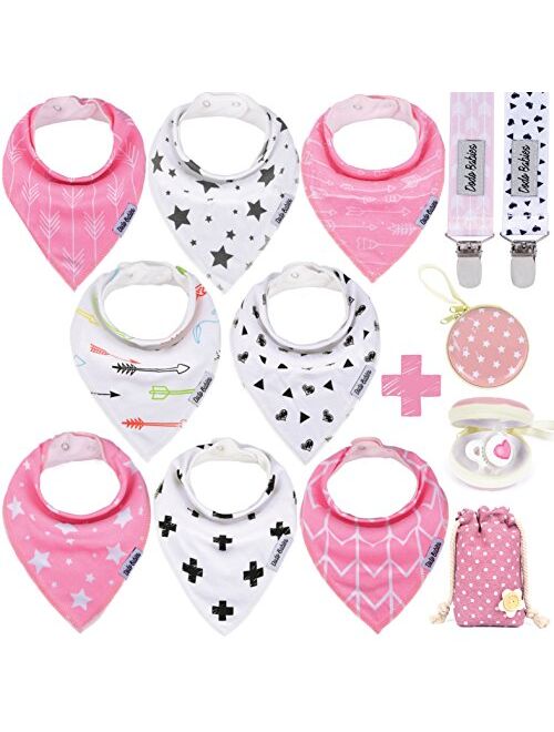 Dodo Babies Baby Bandana Drool Bib Set - 8pc Infant Bibs with 2 Pacifier Clips, Binky Case, Gift-Ready Bag - Soft Absorbent Cotton with Polyester Back - Adjustable Button