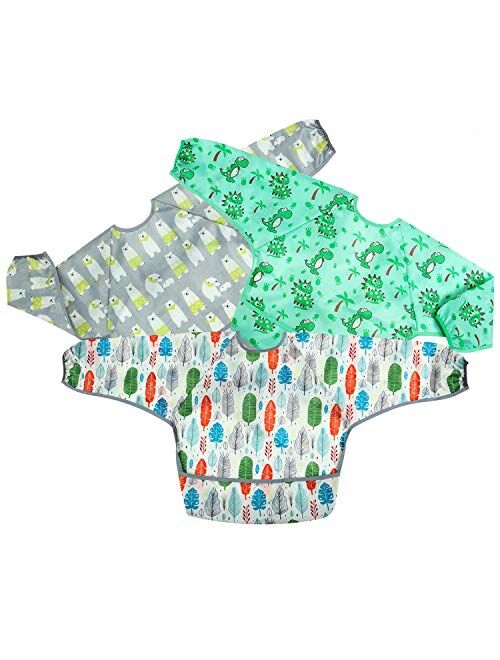 PandaEar Long Sleeve Bib 3-Pack Set| Baby & Toddler Waterproof Bibs Smock with Pocket and Crumb Catcher |Washable Stain and Odor Resistant Apron | 6-30 Months