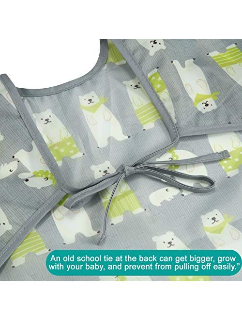PandaEar Long Sleeve Bib 3-Pack Set| Baby & Toddler Waterproof Bibs Smock with Pocket and Crumb Catcher |Washable Stain and Odor Resistant Apron | 6-30 Months