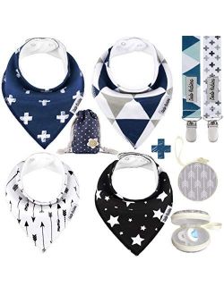 Dodo Babies Baby Bandana Drool Bib Set - 4pc Infant Bibs with 2 Pacifier Clips, Binky Case, Gift-Ready Bag - Soft Absorbent Cotton with Polyester Back - Adjustable Button