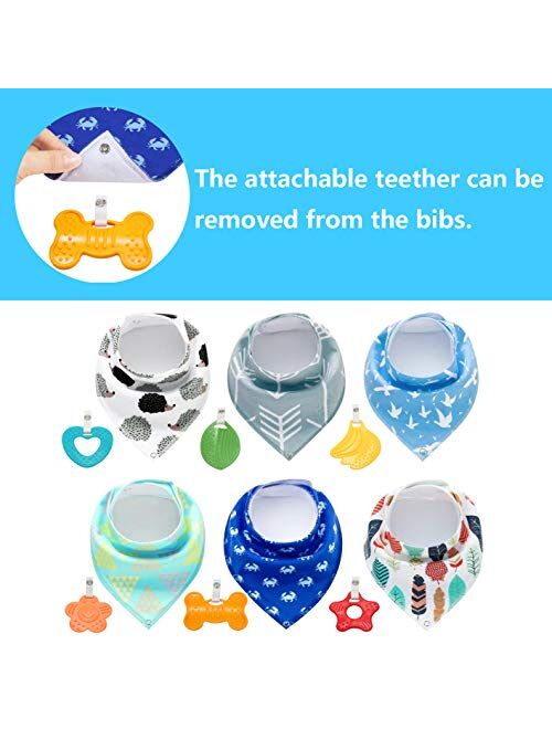 PandaEar Baby Bandana Drool Bibs 6-Pack with Teething Toys, Super Absorbent, 100% Organic Cotton, Neutral Color for Boys & Girls