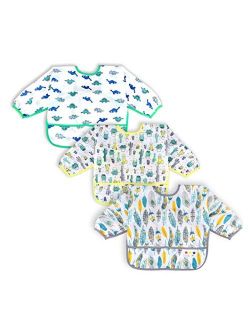 3 Pcs Long Sleeved Bib Set | Baby Waterproof Bibs with Pocket Bundle | Toddler Bib with Sleeves and Crumb Catcher | Stain and Odor Resistance Play Smock Apron