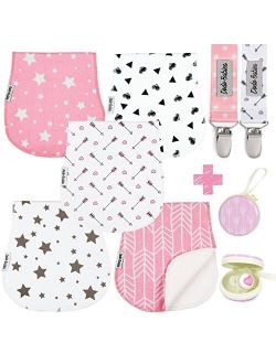 Baby Burp Cloths Pack of 5 by Dodo Babies + 2 Pacifier Clips + Pacifier Case, Premium Quality For Girls Soft and Absorbent, Excellent Baby Shower/Registry Gift