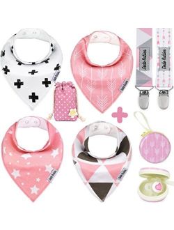 BabyBandana DroolBibs by Dodo Babies For Girls + 2 Pacifier Clips + Pacifier Case in a Gift Bag, Pack of 4 Premium Quality, Excellent Baby Shower / Registry Gift