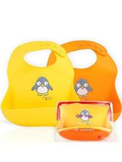 NatureBond Silicone Baby Bibs for Babies & Toddlers (2 PCs) | Free Waterproof Pouch | Wipes Clean Easily, Soft, Unisex, Adorable in Appetite Stimulating Colors
