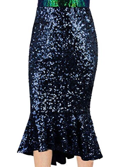 VIJIV Womens Sequin Mermaid Skirt Plus Size High Waist Glitter Long Bridesmaid Party Fishtail Pencil Skirt