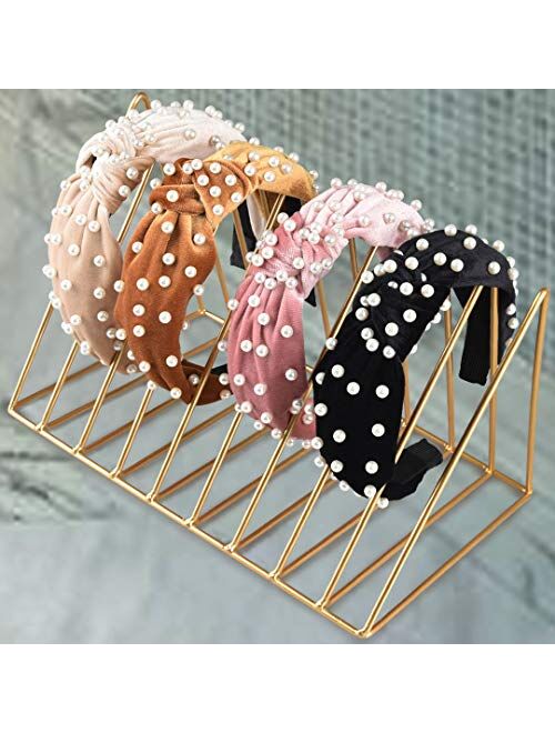 Allucho 4 Pack Velvet Wide Headbands Knot Turban Hairband Vintage Head wrap with Faux Pearl Elastic Hair Hoops Fashion Hair Accessories for Women and Girls, Great Christm