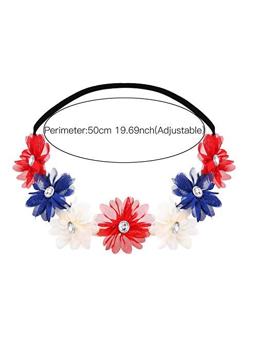 Lux Accessories Red White Blue American Flag 4th of July Independence Floral Flower Stretch Crystal Headband