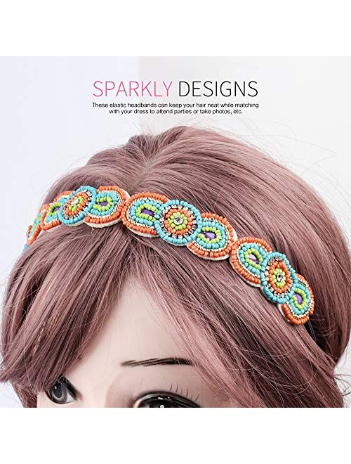 Teenitor 6 Pieces Elastic Rhinestone Beaded Women Headbands, Handmade Vintage Jewelry Hair Bands for Girl Hair Accessories 20-26.8 Multicolor