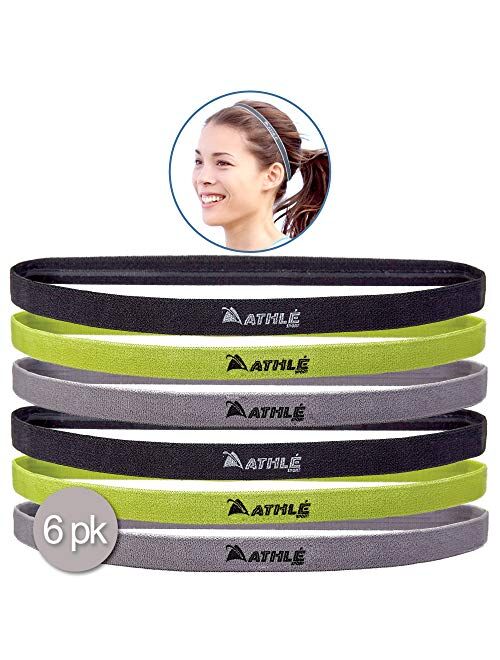 Athle Skinny Sports Thin Headbands 6 Pack - Mens and Womens Elastic Hair Bands with Non Slip Silicone Grip - Lightweight and Comfortable Sweatbands Keep You Cool and Dry