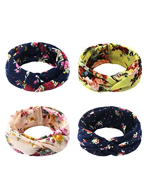 Hippih 4 Pack Women's Headbands Elastic Turban Head Wrap Floal Style Twisted Knotted Hair Band