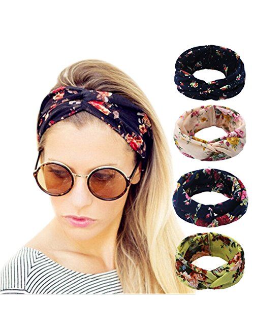 Hippih 4 Pack Women's Headbands Elastic Turban Head Wrap Floal Style Twisted Knotted Hair Band