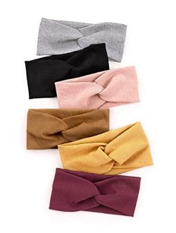 Huachi Turban Headbands for Women Wide Head Wraps Knotted Elastic Teen Girls Yoga Workout Solid Color Hair Accessories, 6 Pack