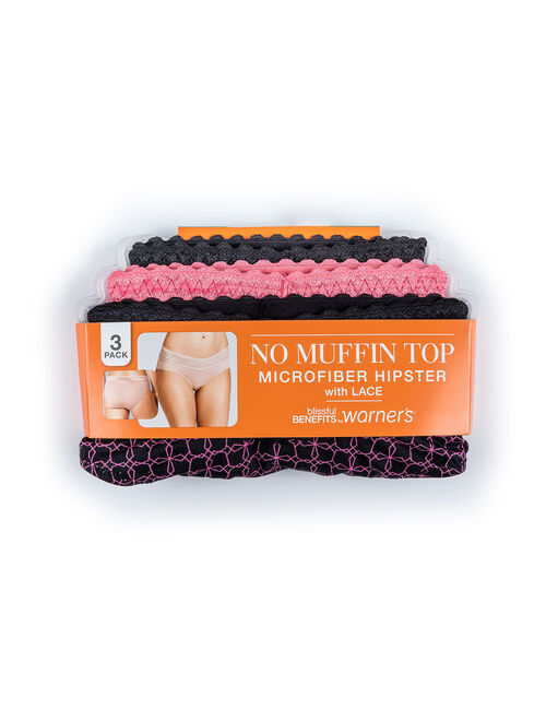 Blissful Benefits by Warner's Women's No Muffin Top w/ Lace Hipster, 3-Pack
