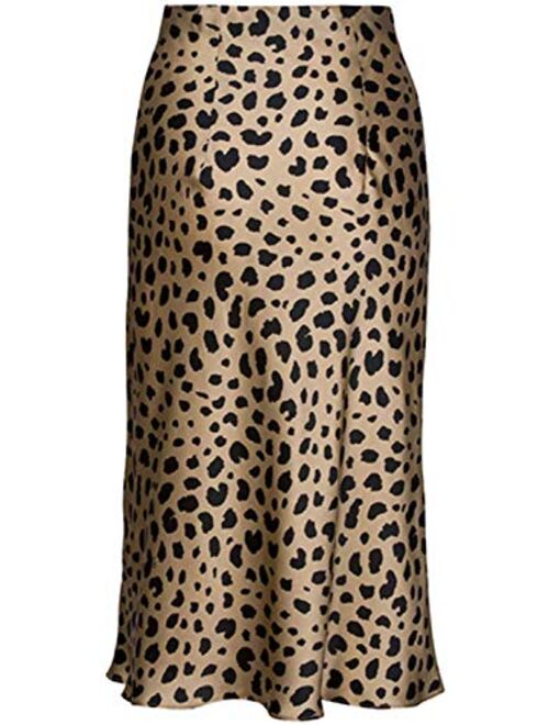 Soowalaoo High Waist Leopard Midi Skirt Hidden Elasticized Waistband Silk Satin Skirts