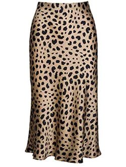 Keasmto Leopard Midi Skirt Plus Size for Women High Waist Silk Satin Elasticized Skirts