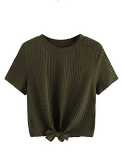 Women's Cute Knot Front Solid Ribbed Tee Crop Top T-Shirt
