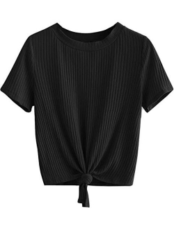 Women's Cute Knot Front Solid Ribbed Tee Crop Top T-Shirt