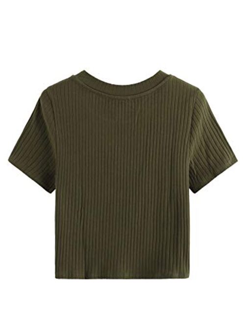 Romwe Women's Cute Knot Front Solid Ribbed Tee Crop Top T-Shirt