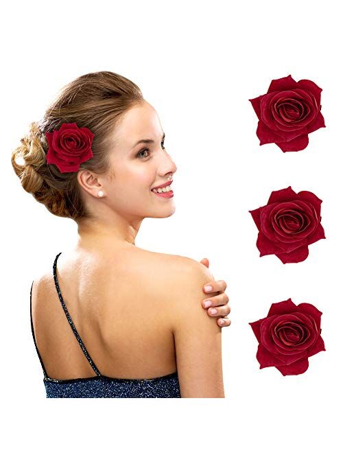 FIOBEE 2.75" Rose Hair Clip Flower Hairpin Rose Brooch Floral Clips for Woman Girl Party Wedding Pack of 3