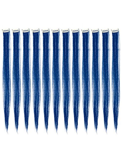 SWACC 12 Pcs Straight One Color Party Highlights Clip on in Hair Extensions Colored Hair Streak Synthetic Hairpieces