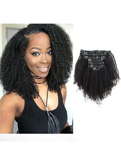 Sassina 120 Grams Double Wefts Afro Kinky Coily Clip in Human Hair Extensions Thick Remy Hair Afro Coily Clip on Hair For Black Women 7 Pieces per Set With 17 Clip Attach