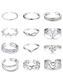 Jstyle 12Pcs Adjustable Toe Rings for Women Girls Various Types Band Open Toe Ring Set Women Gift Jewelry